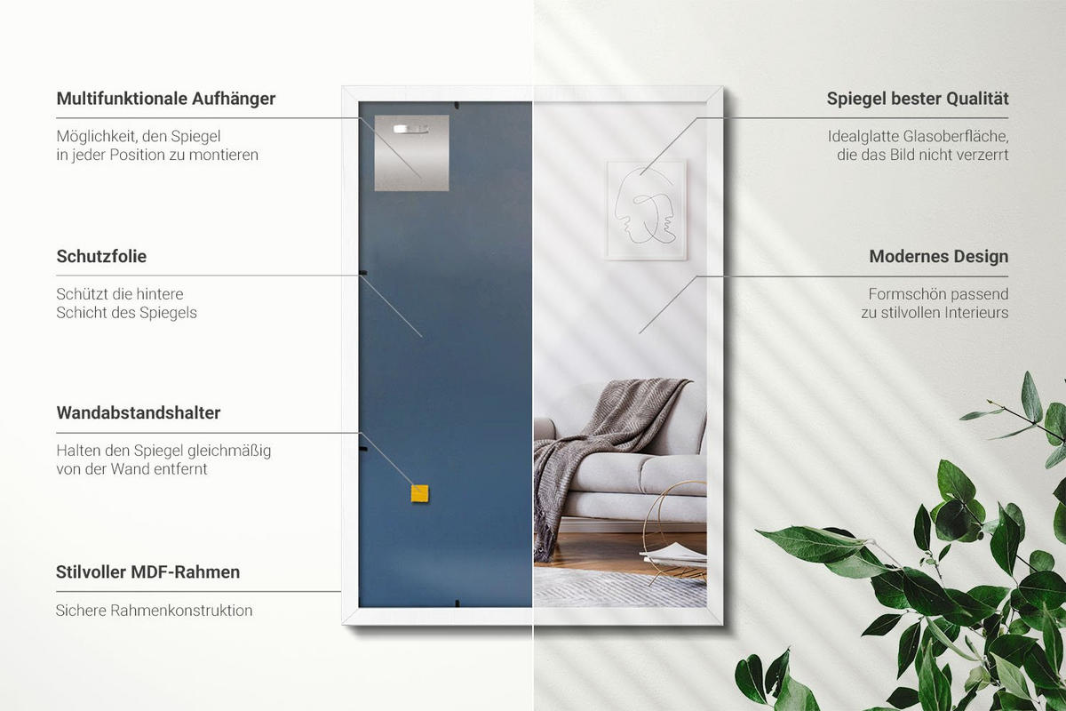 SPIEGEL 70x50cm Weißer Rahmen - Transparent, Glas (70/50/0.4cm) - Wallfluent