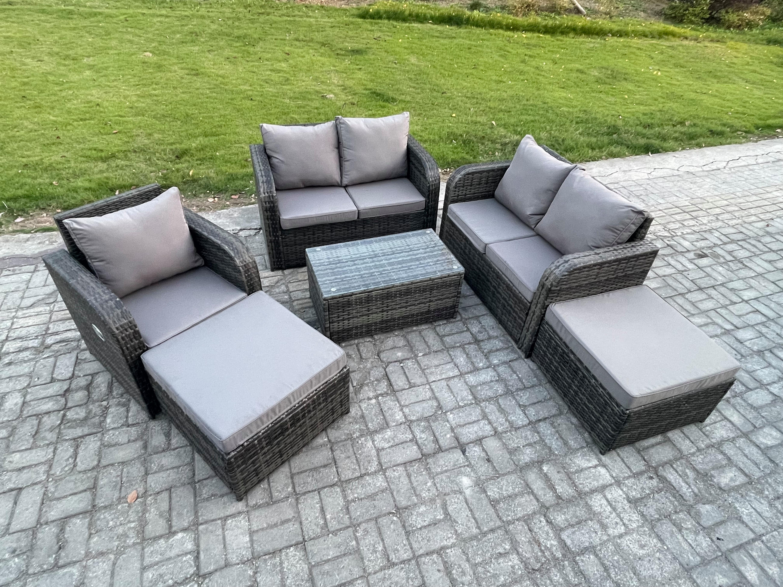 GARTENMÖBELGARNITUR mit KISSEN Polyrattan Dunkelgrau 7-Sitzer - Dunkelgrau/Grau, Glas/Kunststoff - Fimous