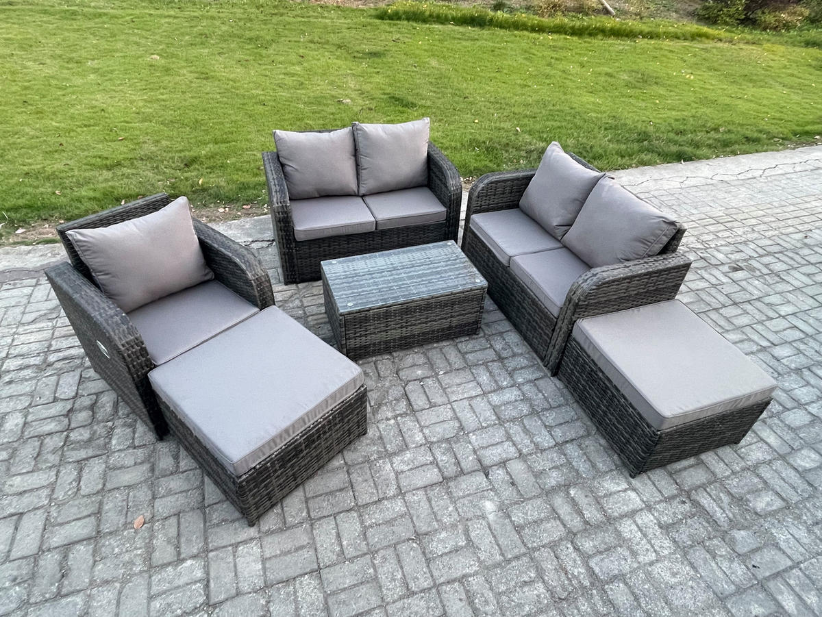 GARTENMÖBELGARNITUR mit KISSEN Polyrattan Dunkelgrau 7-Sitzer - Dunkelgrau/Grau, Glas/Kunststoff - Fimous