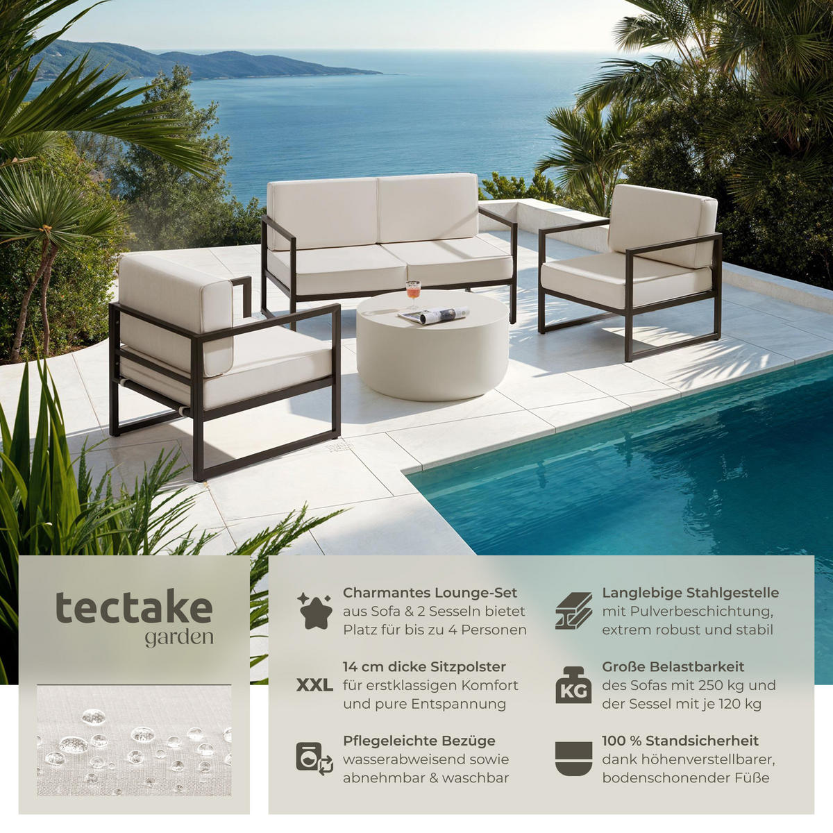GARTEN-LOUNGESET Comosa,höhenverstellbare Füße,braun/beige - Beige/Braun, Kunststoff - tectake