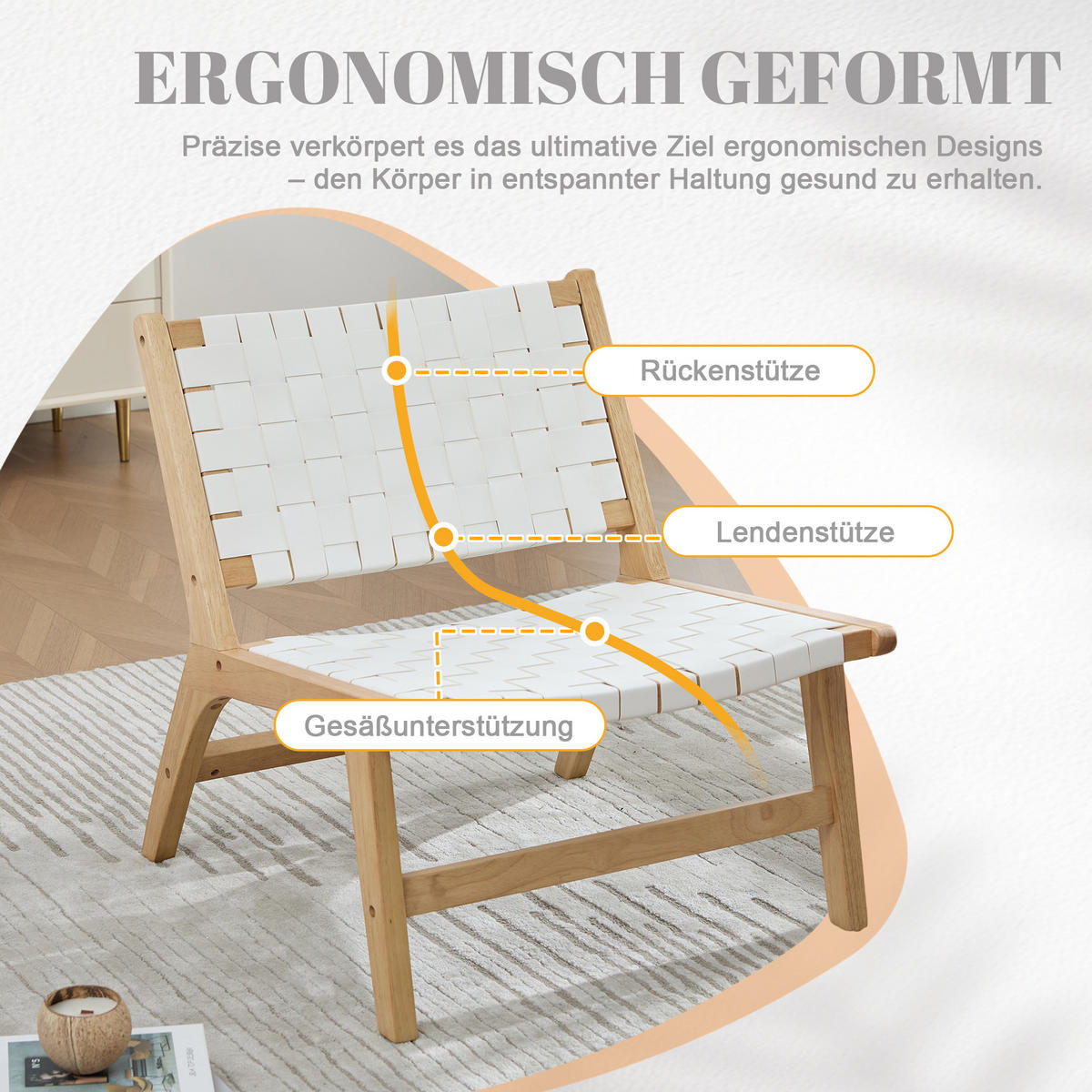 RELAXSESSEL mit Holzgestell, Kunstleder Flechtwerk, Breite Sitzfläche, Weiß - Eichefarben/Weiß, Holz (66/72/71cm) - LVHOM