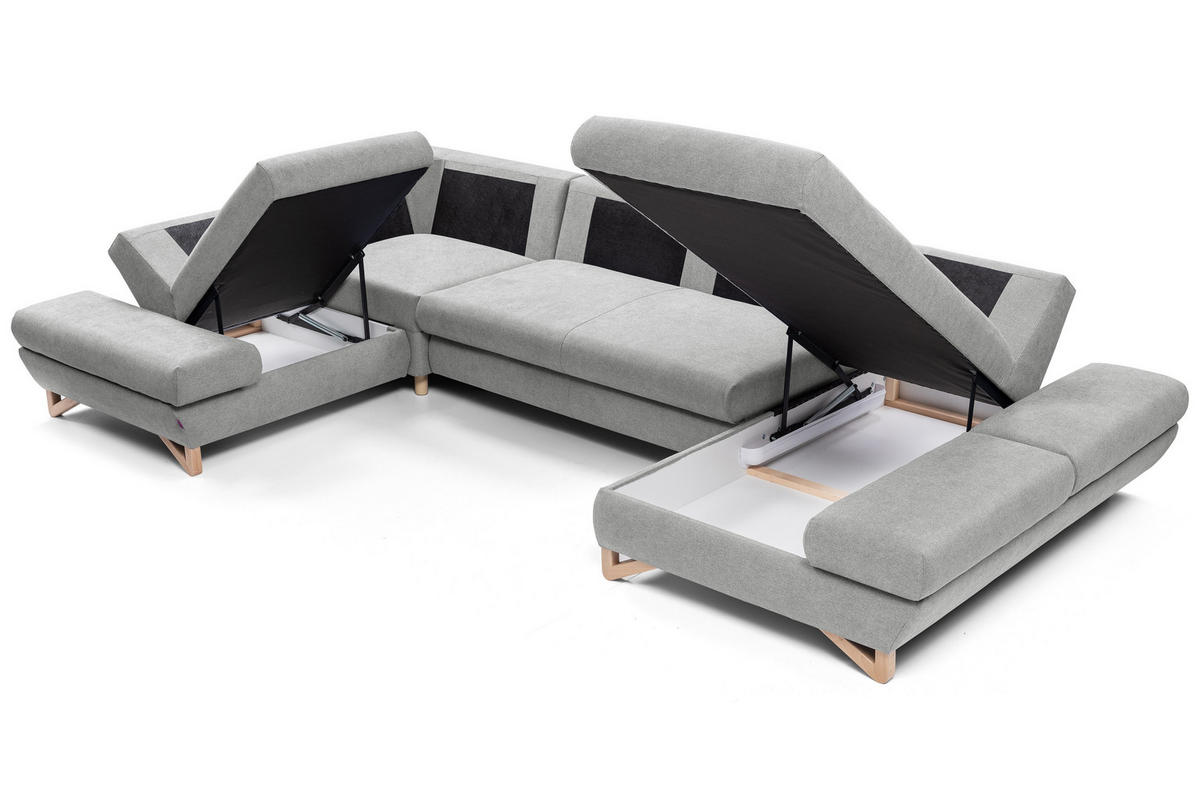 WOHNLANDSCHAFT CASA IV L-S Grau Plüsch-Stoff mit Schlaffunktion - Grau, Holz (344/100/199cm) - MASSENO