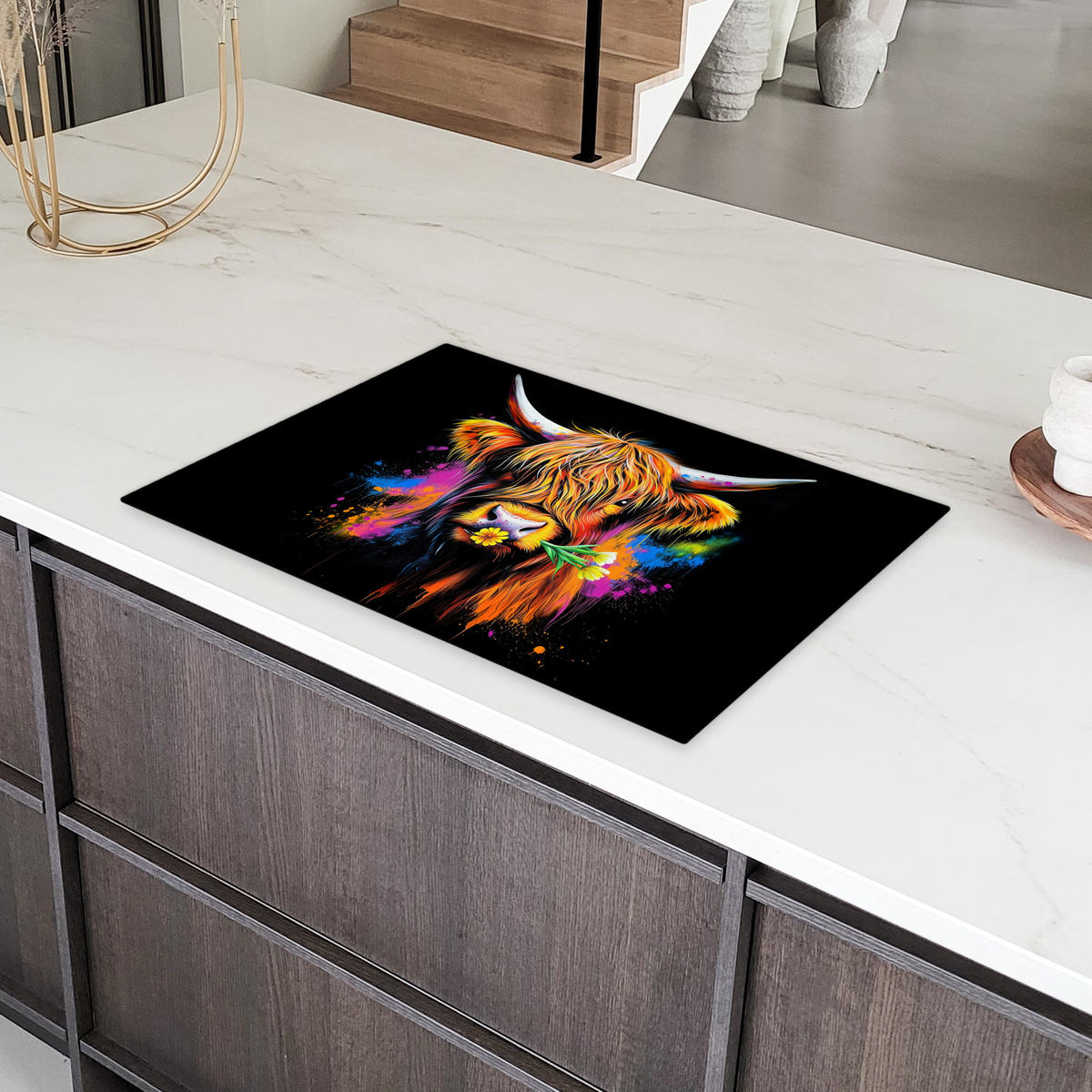 HERDABDECKPLATTE Schottischer Highlander - Graffiti - Bunt - Blume - Tiere Induktionsmatte 77x51 cm - Multicolor, Kunststoff (77/51/0.2cm) - MuchoWow