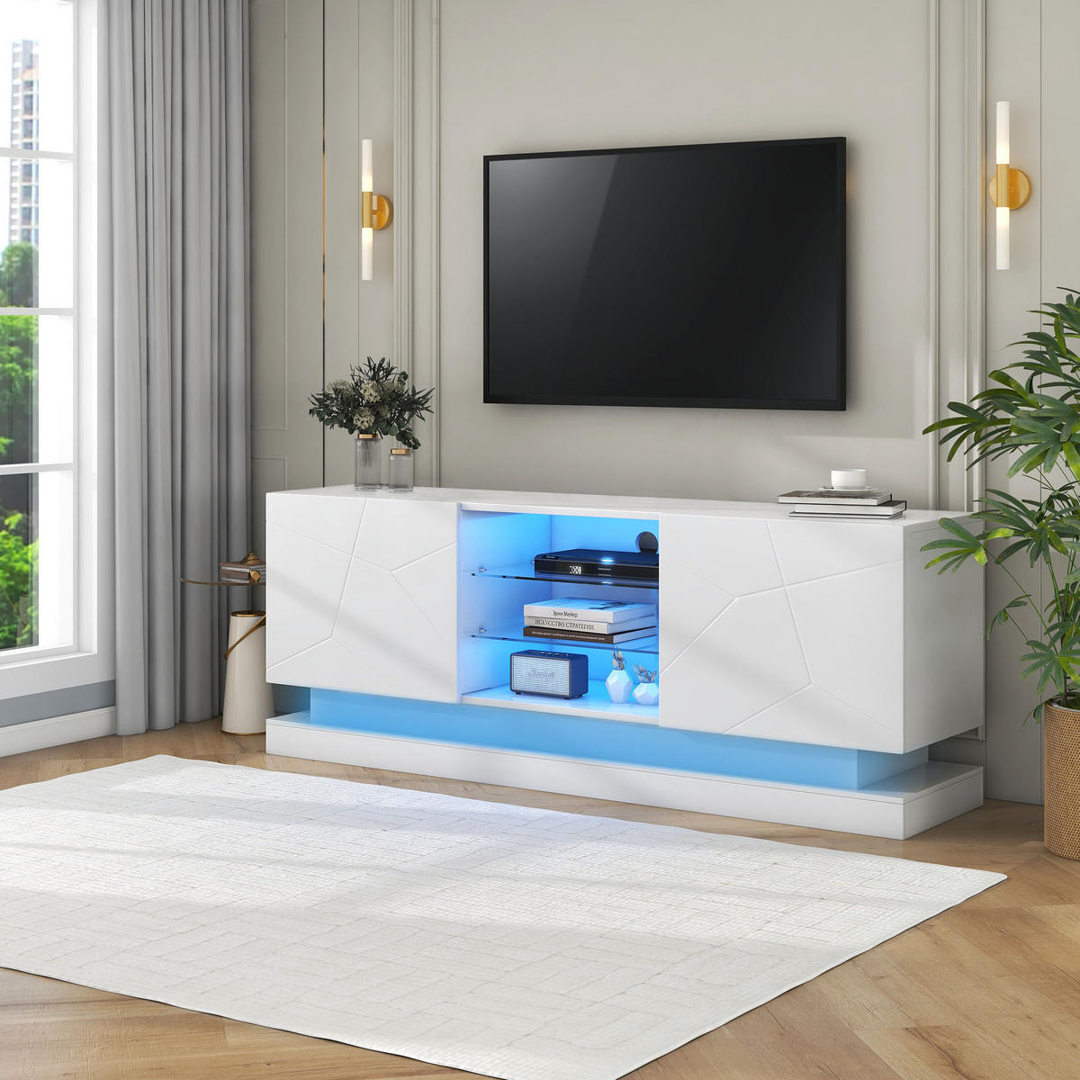 TV-SCHRANK in Weiß matt mit Türen und verstellbarer Glasablage 160/38.5/60 cm - Weiß, Holzwerkstoff (160/60/38.5cm) - Redom