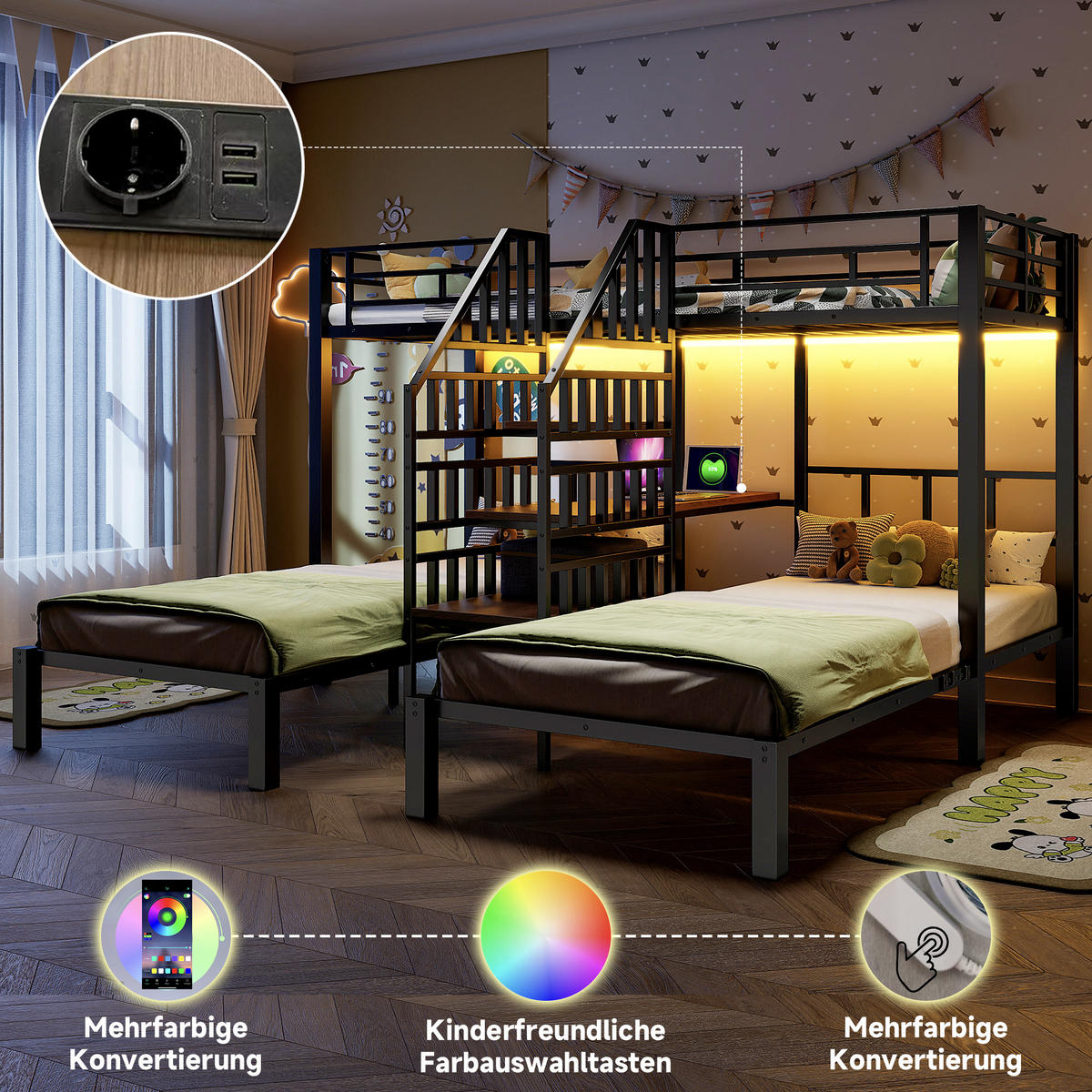 ETAGENBETT Kinderbett 90x200 Schwarz - Schwarz, Metall (90/200cm) - ComfortXL