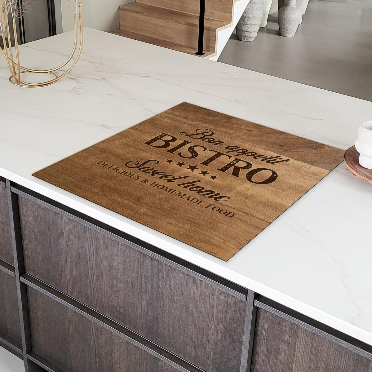 HERDABDECKPLATTE Zitat - Bistro - Guten Appetit - Süßes Zuhause - Holzmaserung 78x78 cm - Braun, Kunststoff (78/0.2/78cm) - MuchoWow