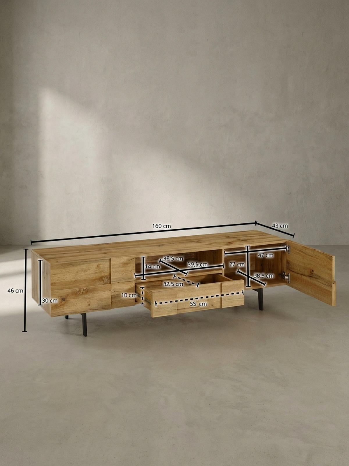 LOWBOARD Eiche-Dekor Modern Stil mit Kachelmuster für Konsolen und DVDs - Schwarz/Braun, Holz/Metall (160/46/43cm) - KADIMA DESIGN