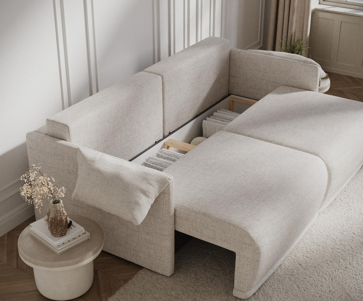 SCHLAFSOFA MIT ECKSOFA-FUNKTION Nappa Beige Webstoff - Beige/Schwarz, Holz/Holzwerkstoff (215/100/112cm) - Maison de Reve