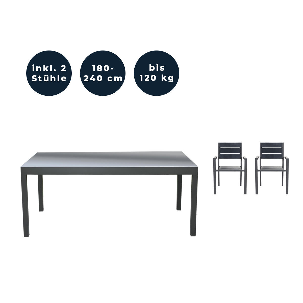 SITZGRUPPE SOL MADERA - 3 tlg. - Anthrazit/Hellgrau, Metall - Home Deluxe