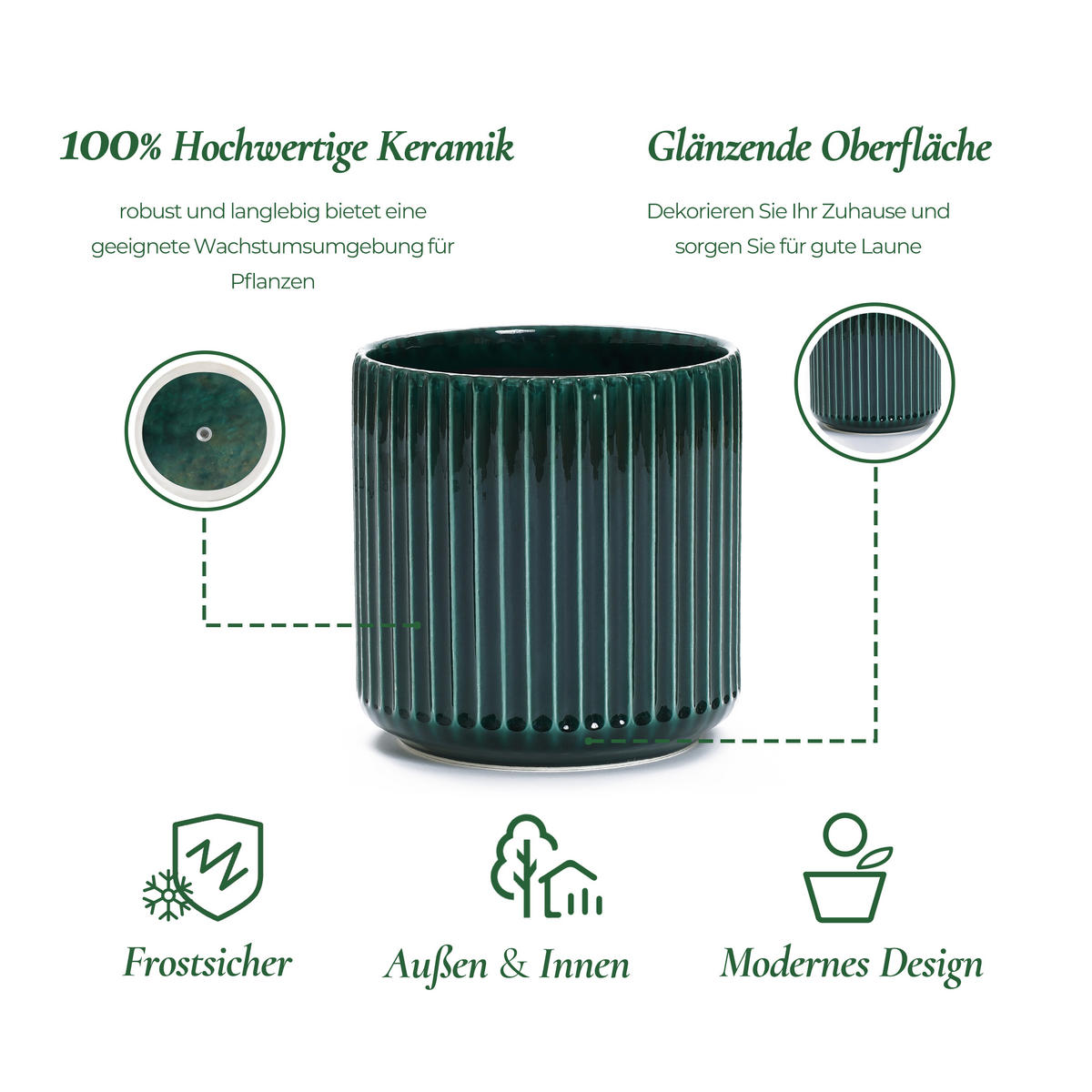 BLUMENTOPF Keramik Dunkelgrün Grün und Weiß Ø30.2xH30.3 cm - Grün, Keramik (30.3cm) - Hometopia