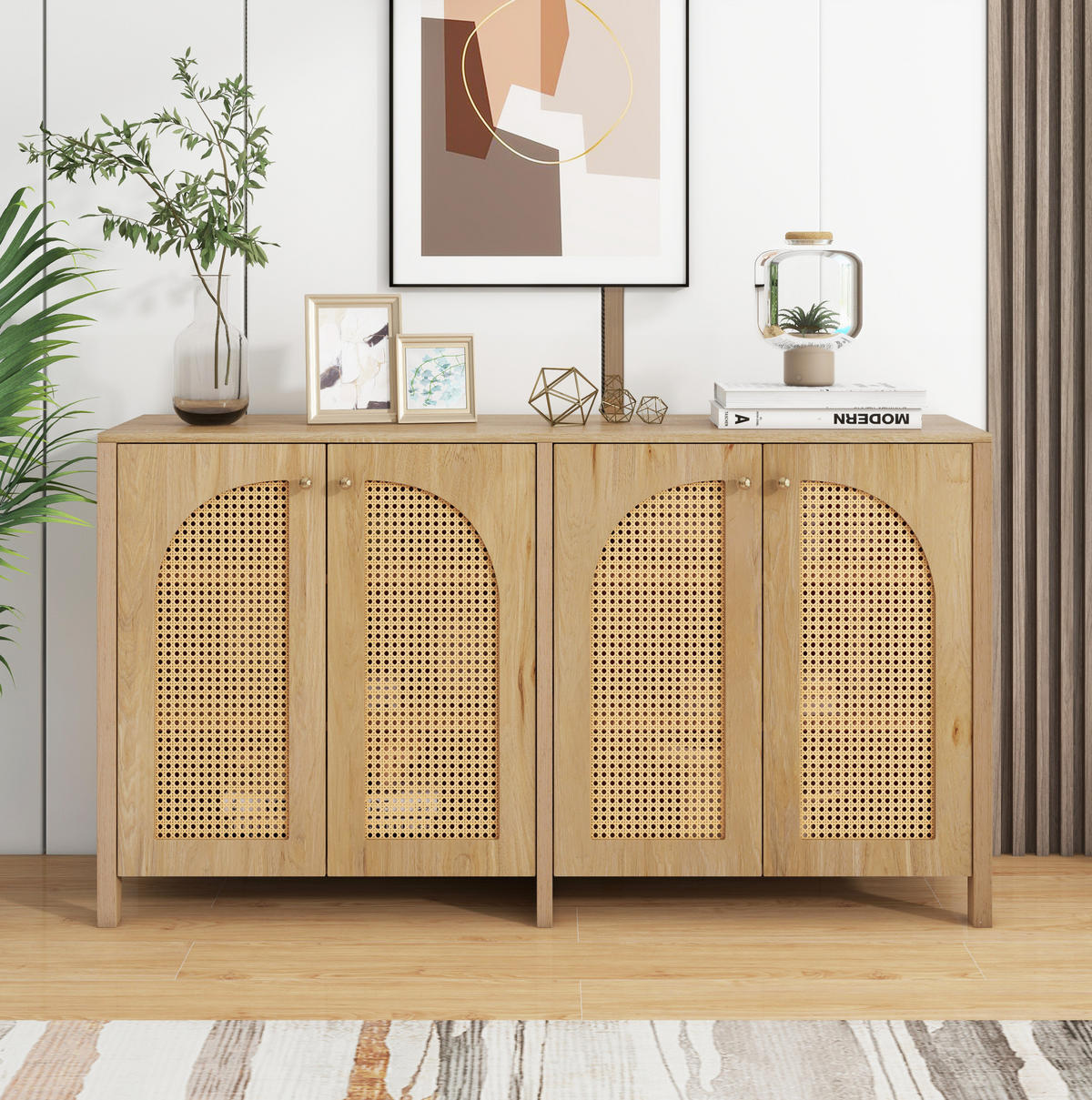 SIDEBOARD mit 4 Türen, Kunst-Rattan, Metallgriffen und verstellbarem Einlegeboden, Natur - Naturfarben, Holzwerkstoff (145/40/80cm) - Redom