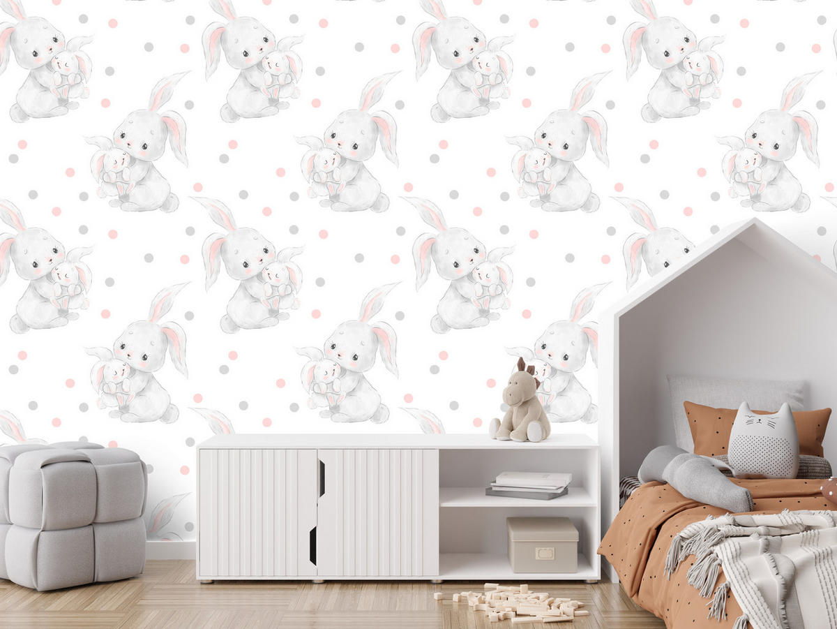 VLIESTAPETE Häschen und Punkte – Rosa, Grau, Weiß – 50x1000 cm - Rosa/Weiß, Papier (50/1000cm) - Muralo