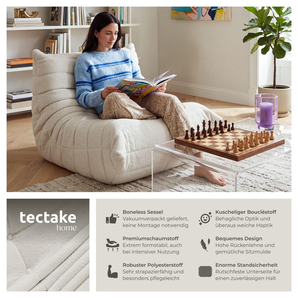 RELAXSESSEL Logo, 95 x 100 x 75 cm, Bouclé creme - Creme, Textil (95/75/100cm) - tectake