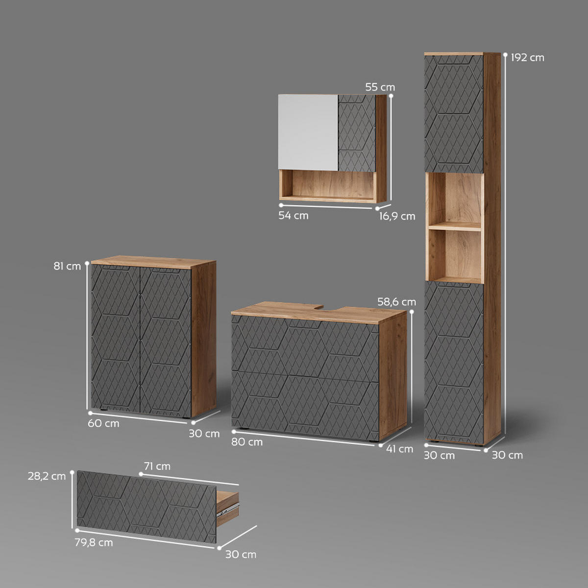 BADMÖBEL-SET Ronco Anthrazit gestreift 4 Teile, mit Schubladenschrank und Midischrank - Anthrazit/Eiche Wotan, Holzwerkstoff (80/58/41cm) - Livinity®