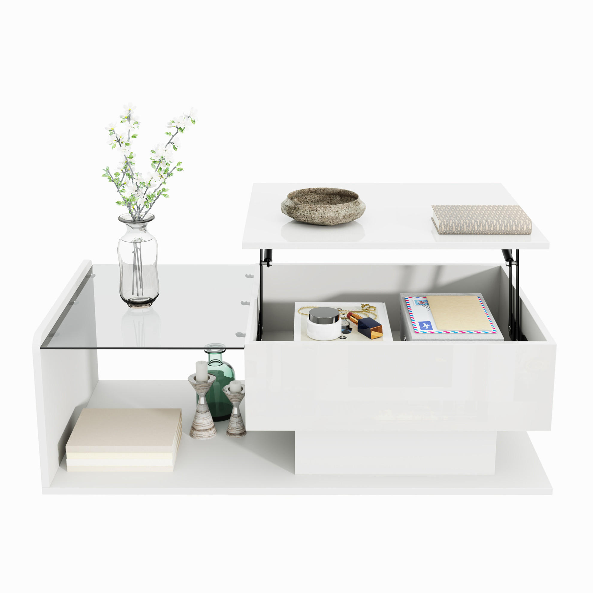 COUCHTISCH höhenverstellbar 100 x 50 cm Hochglanz White mit Glasplatte - Weiß, Holzwerkstoff (100/50/47.5cm) - Meubliv