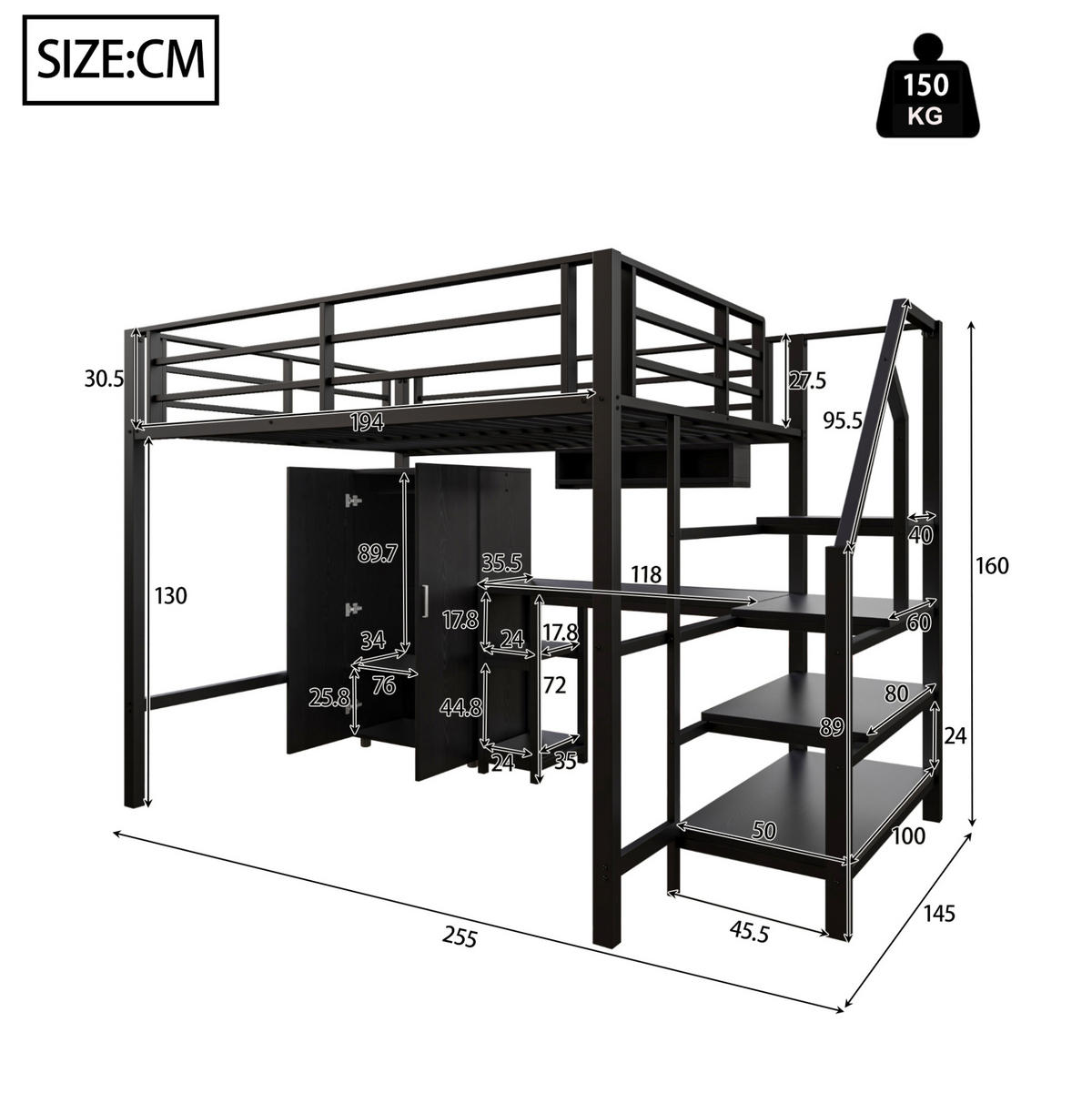 HOCHBETT 140/200 cm mit Kleiderschrank, Regalen, Ablageleiter und Schreibtisch, Schwarz - Schwarz, Metall (140/200cm) - Redom