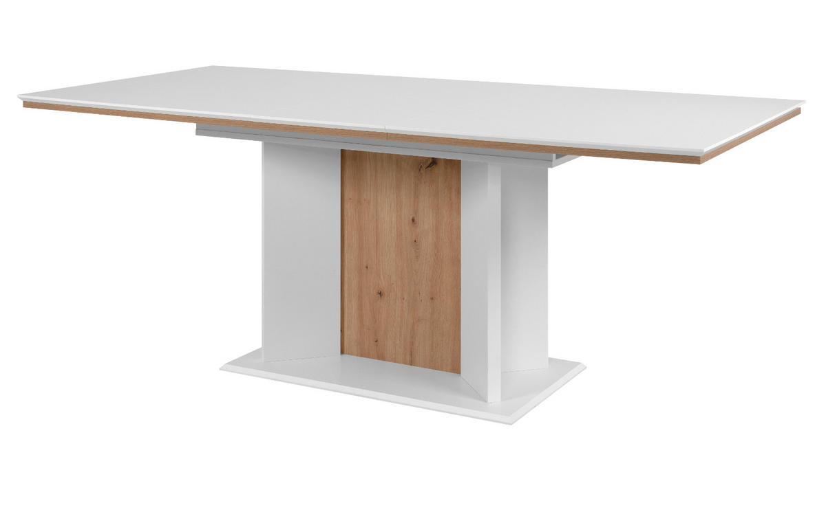 ESSTISCH weiß, Eiche Artisan, Säulentisch ausziehbar 160 - 200 x 90 cm - Weiß/Eiche Artisan, Holzwerkstoff (160/90/76cm) - Furn.Design