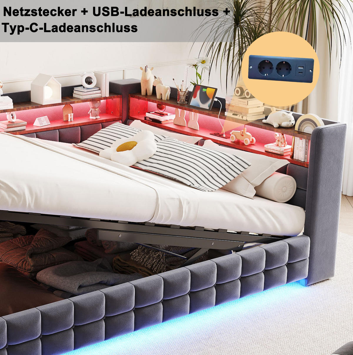 SAMETOVÁ postel 140/200 cm s LED osvětlením, USB, USB-C, zásuvkou, hydraulickým úložným prostorem a policemi, šedá - šedá, textil (140/200cm) - Redom
