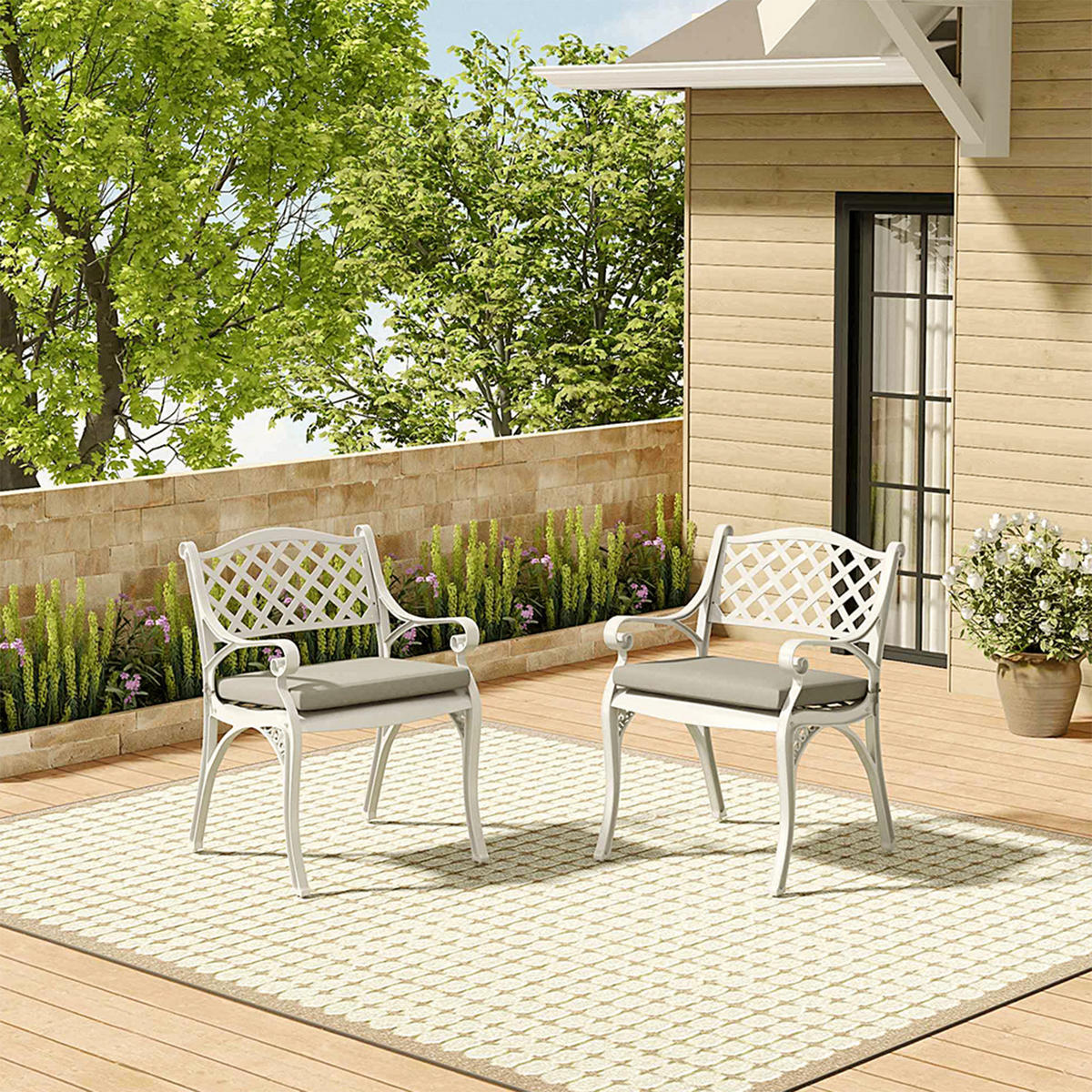 GARTENSTUHL 2er-Set aus Aluguss in Creme Einfache Montage Leicht zu reinigen 56 cm B x 55 cm T x 82,5 cm H - Creme, Metall (56/82.5/55cm) - Livingandhome
