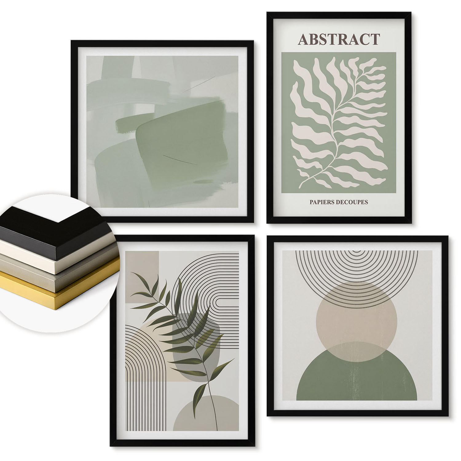 WANDBILDER 4er-Set - 50x50 cm & 40x60 cm Schwarzer Rahmen - Botanische Boho-Abstraktionen - Schwarz, Kunststoff (50/50cm) - ArtPrintCave