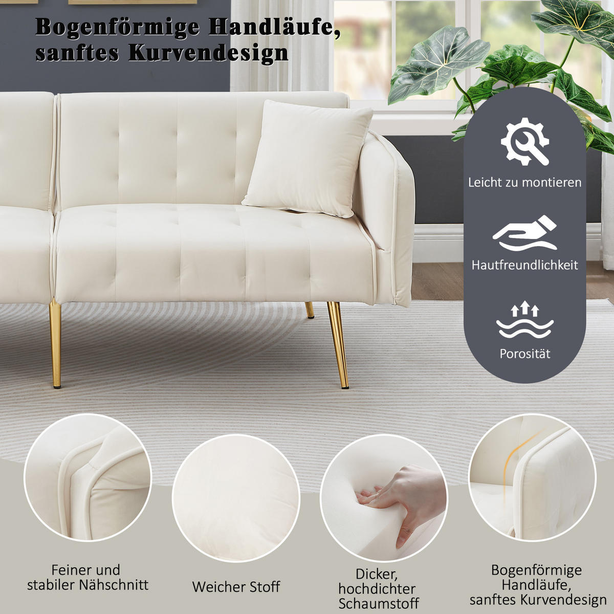 SOFABETT Samt mit verstellbarer Rückenlehne und Armlehnen Antikweiß 178/82/70 cm - Weiß, Textil (82/70/178cm) - Redom