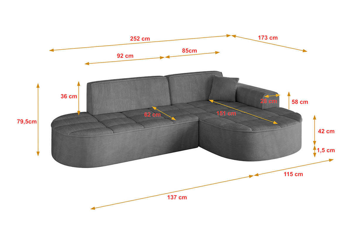 ECKSOFA Ottomane Rechts LIVO-L1 - 252x173x79,5 cm Dunkelgrau - Dunkelgrau, Holzwerkstoff/Textil (252/173cm) - ALTDECOR