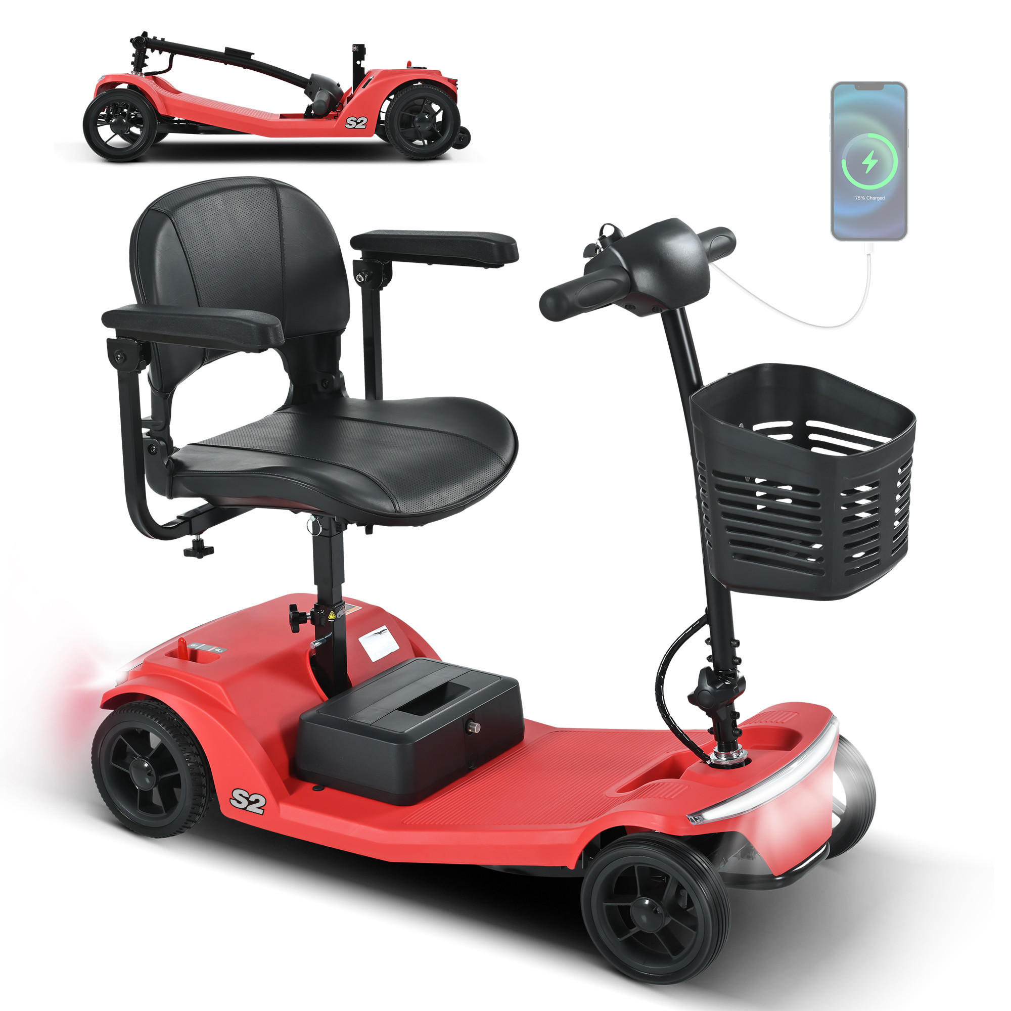 ELEKTROMOBIL mit vier Rädern für Senioren, Tragkraft 136 kg, Geschwindigkeit 6 km/h - Rot, Metall (99.9/82/48.5cm)