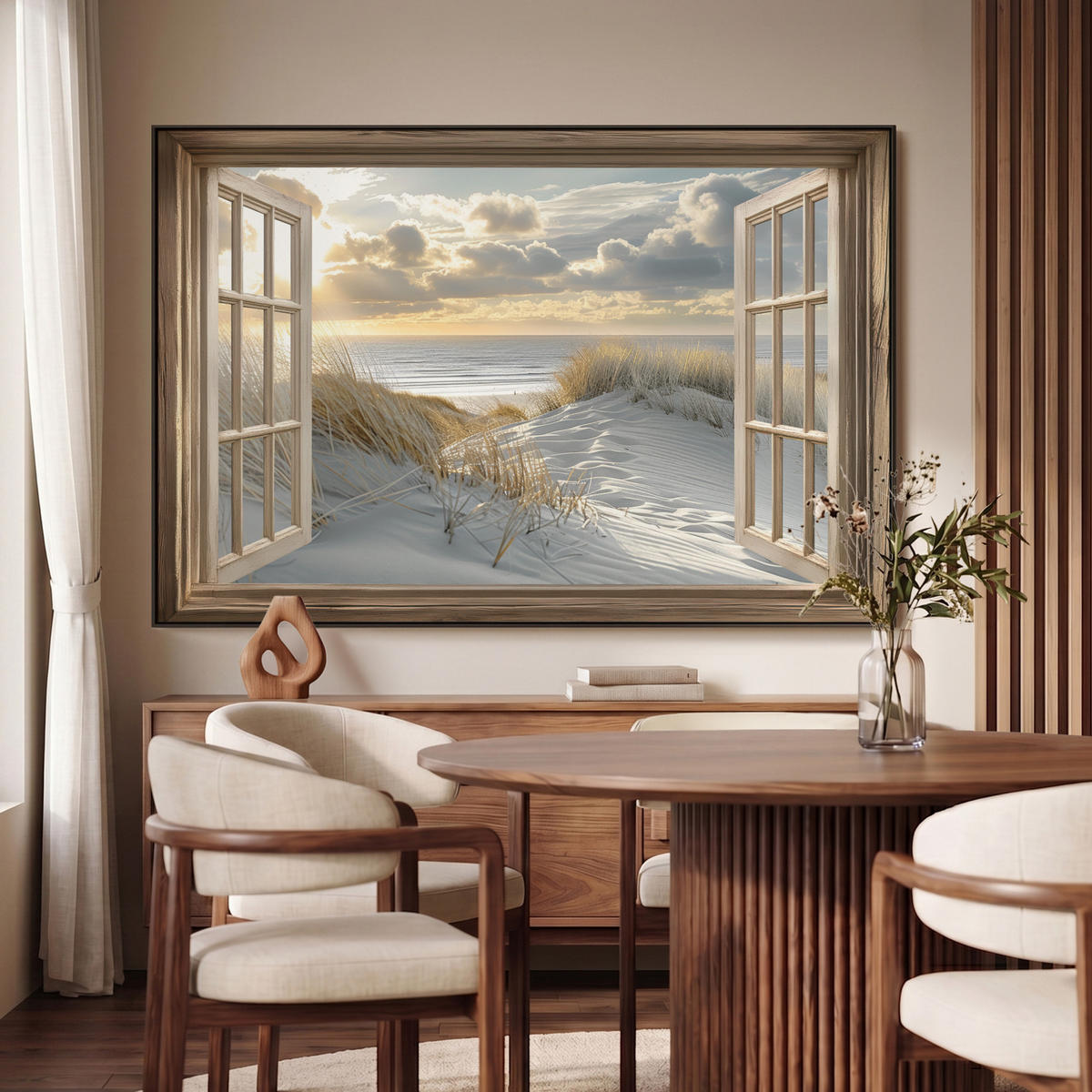 LEINWAND Bilder mit Rahmen - Ausblick - Strand - Dünen - Meer - Natur - 120x80 - Sandfarben, Textil (120/80cm) - MuchoWow