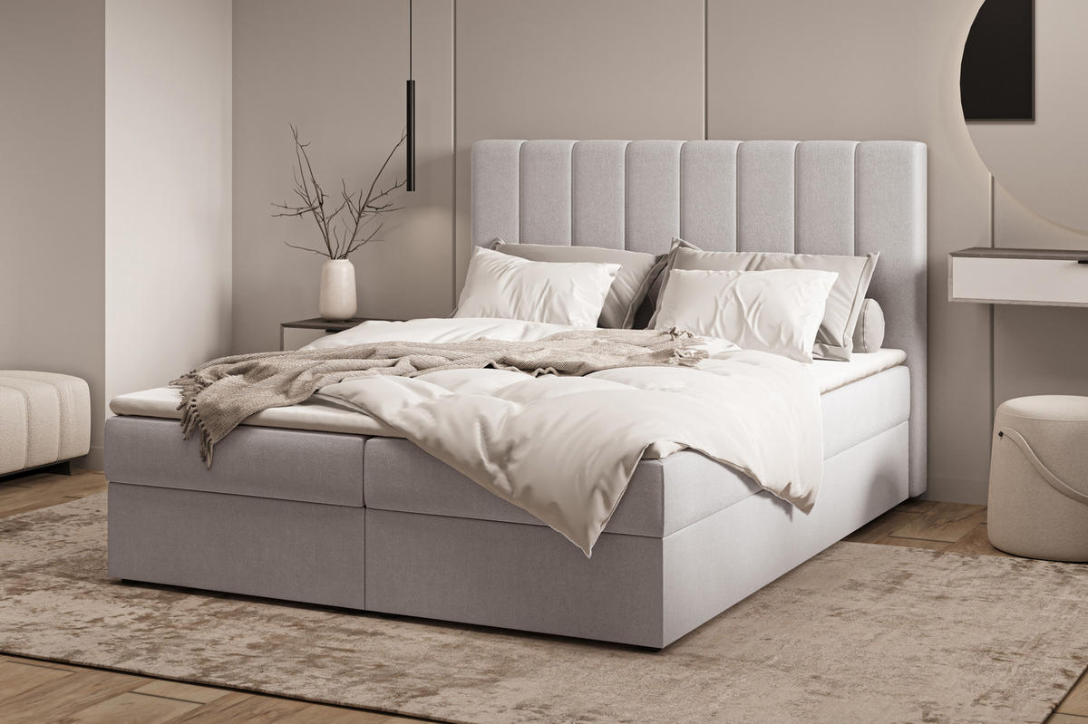 BOXBETT 01 140 x 200 cm - Manila – Stilvoll und bequem Mit Bettkasten, PU-Topper, Federmechanismus, waschbarer Bezug - Silberfarben, Holz (140/200cm) - ROYAL24_MARKT