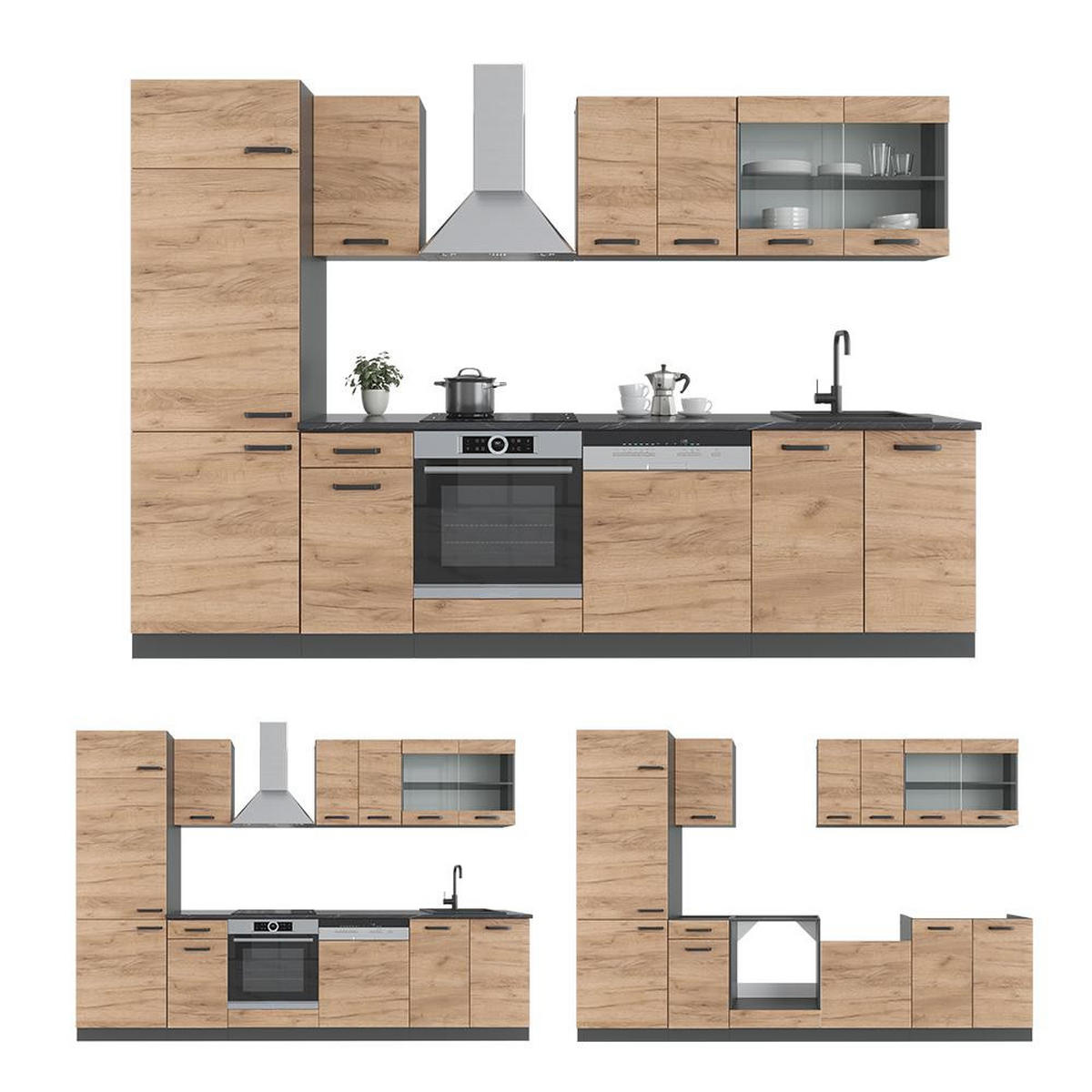 KITCHENETTE R-Line Stejar Goldkraft/antracit 300 cm , AP Antracit - stejar miere/antracit, compozit lemnos (300/206.8/60cm) - Vicco