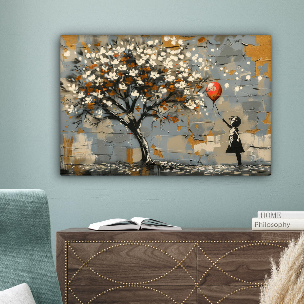 LEINWANDBILD Baum - Graffiti - Banksy-Stil - Ballon-Mädchen Wanddeko 90x60 cm - Blaugrau, Textil (90/60cm) - MuchoWow