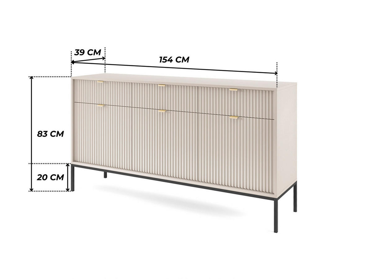 MODERNE Geriffelte Kommode KIOTO K3D3SZ (Kaschmir, Schwarzes Gestell, Soft-Close Türen) - Kaschmir/Goldfarben, Holz/Holzwerkstoff (154/91/39cm) - Ravio