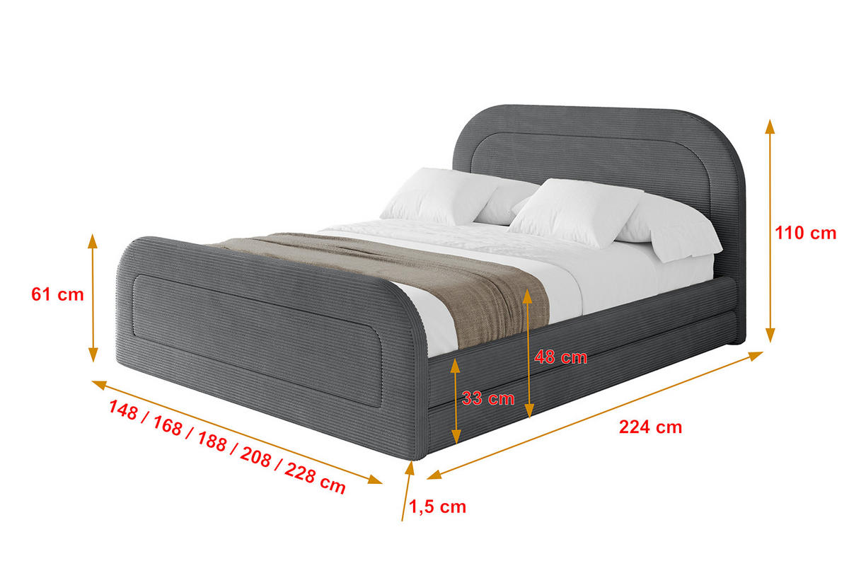 POLSTERBETT mit Bettkasten, Fußteil und Lattenrost, Boxbett mit Matratze H3/H4 - LERIS-Z 120x200 Dunkelgrau - Anthrazit, Holzwerkstoff/Textil (120/200cm) - ALTDECOR