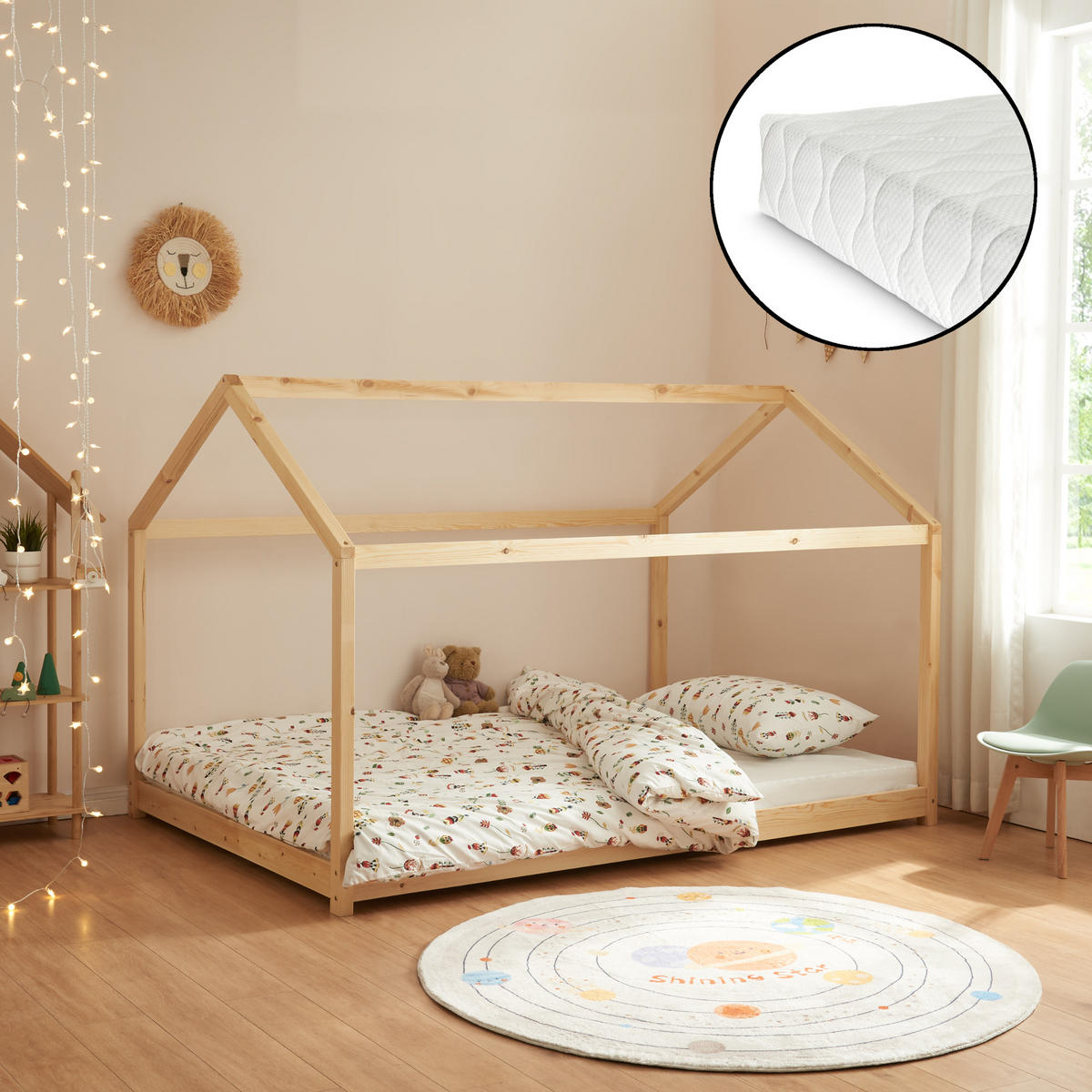 HAUSBETT Cerro mit Matratze - Naturfarben, Holz/Textil (120/200cm) - [en.casa]