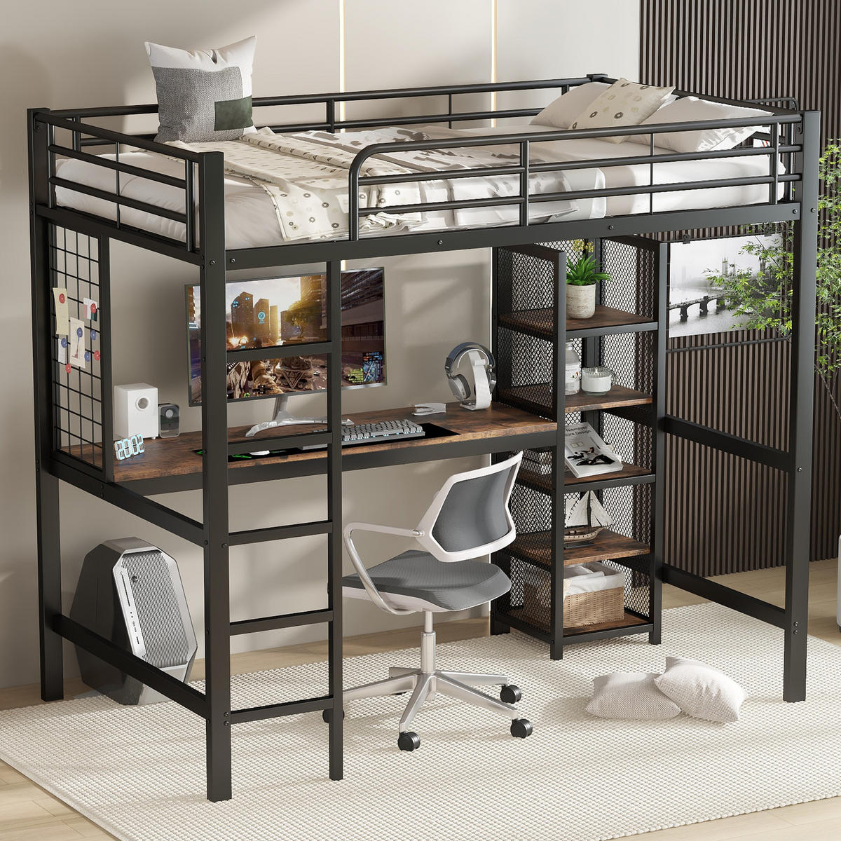 HOCHBETT 90/200 cm schwarz aus Metall mit Tisch und Regal mit Metallgitter - Schwarz, Holzwerkstoff (90/200cm) - OKWISH