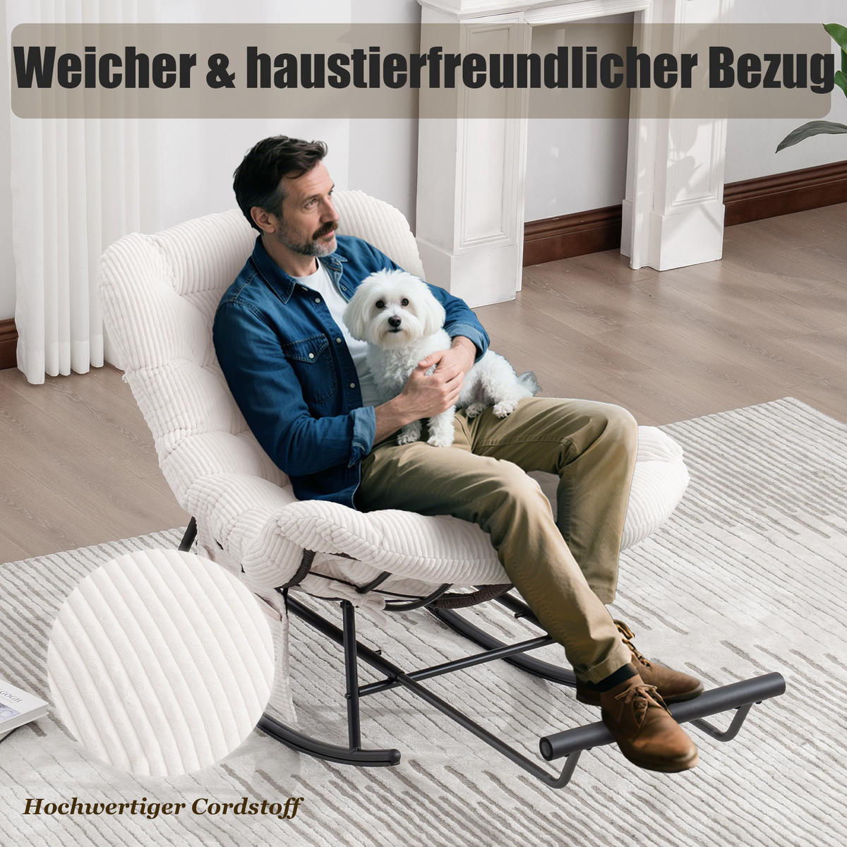 SCHAUKELSTUHL mit Fußstütze,Schaukelsessel XXL Rattanstuhl mit Kissen, Cord, Beige - Beige, Textil (90/78/150cm) - LVHOM