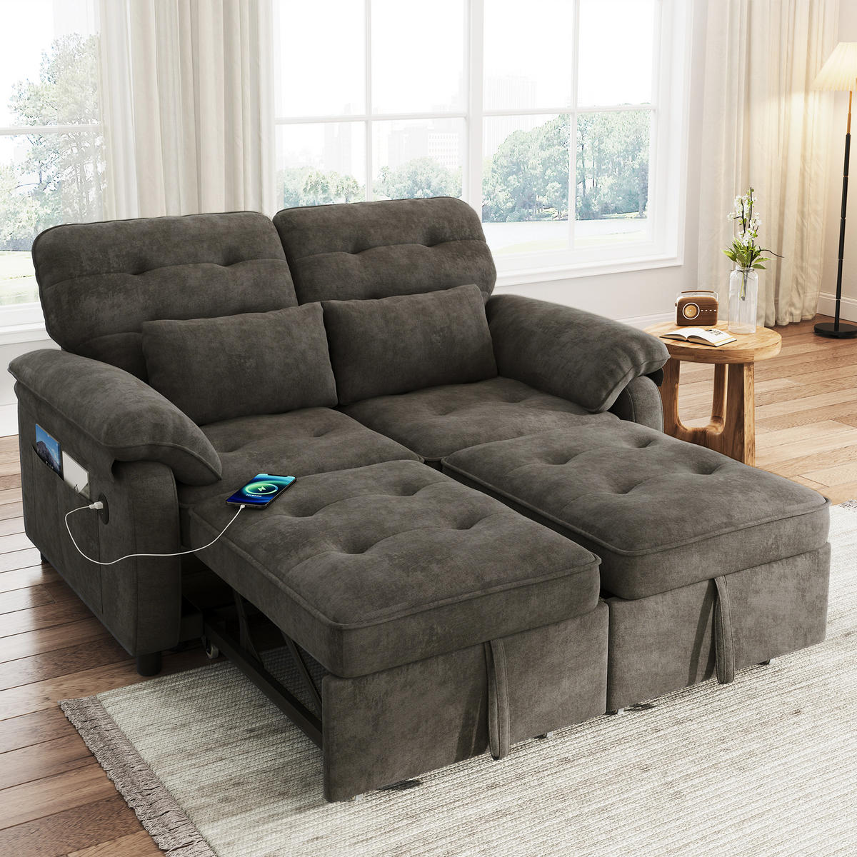 SCHLAFSOFA DE-33203 3-in-1 ausziehbar mit USB und Type-C Grau - Grau, Metall (142/86.5/90cm) - ComfortXL