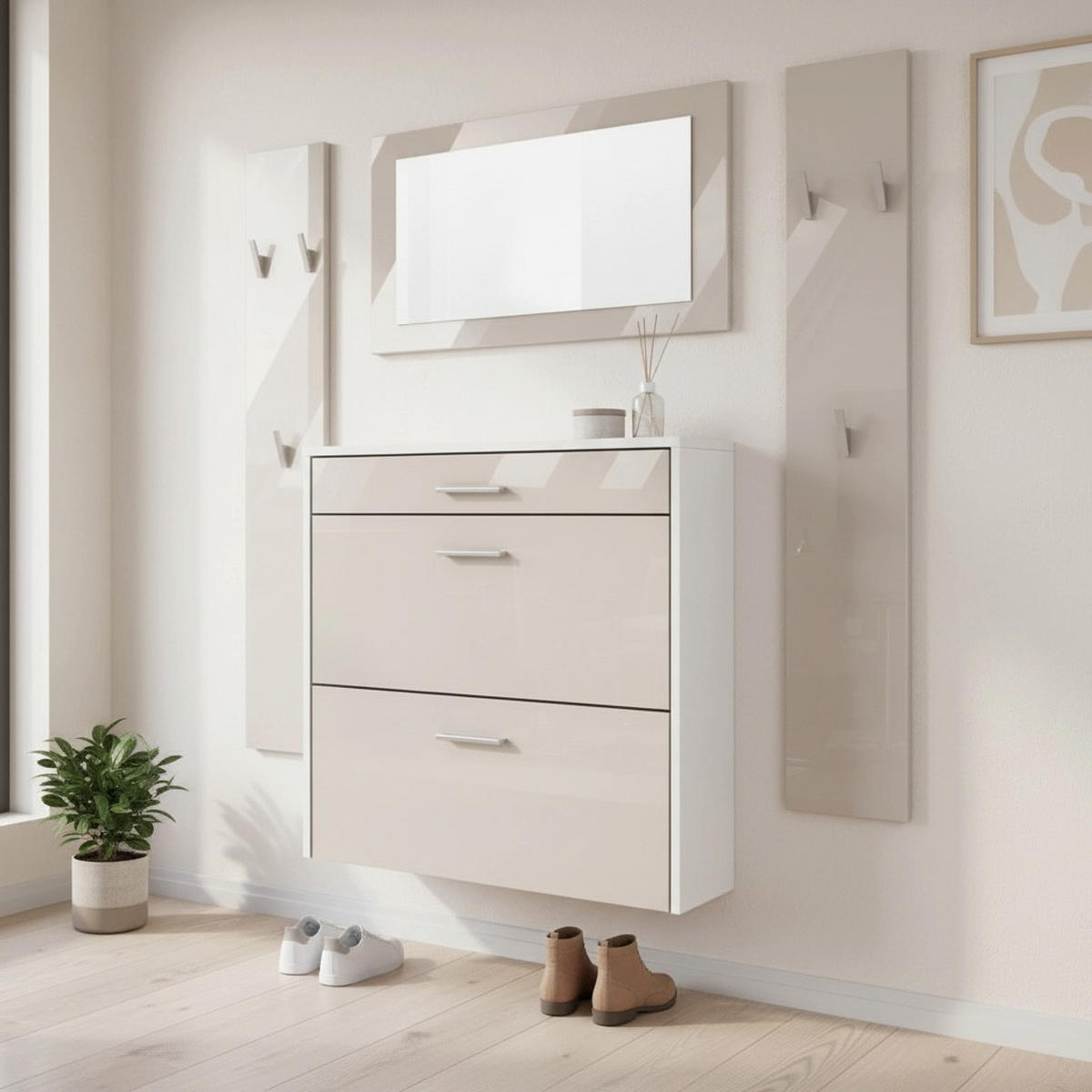 GARDEROBEN-SET Roma Air 4-teilig, Moderne Flurgarderoben Set mit Schuschrank, 2 Wandpaneele und Wandspiegel, Weiß matt/Sandgrau Hochglanz - Beige, Holzwerkstoff (190/200/23cm) - InnoFurn