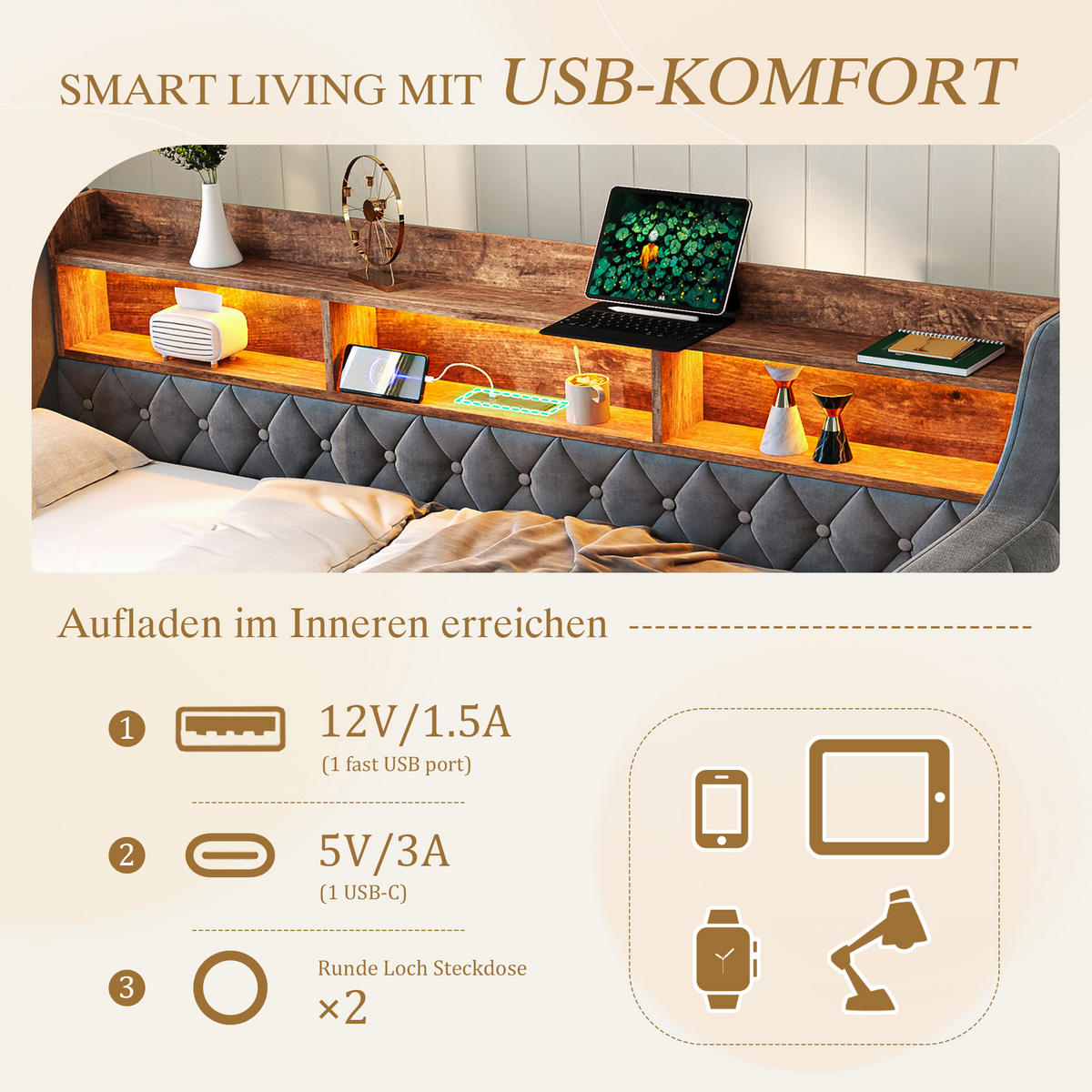 POLSTERBETT aus Samt 90x190 cm in Dunkelgrau mit LED & USB-C-Anschluss - Dunkelgrau, Textil (90/190cm) - Modfu