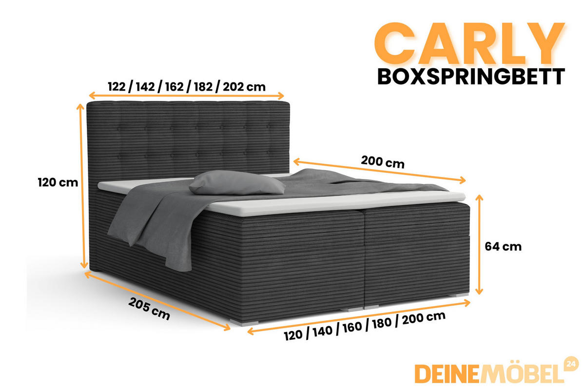 BOXBETT CARLY 180/200 in Cord Anthrazit mit Bonell-Federkernmatratzen H3 - Anthrazit, Holz/Holzwerkstoff (180/200cm) - Deine Möbel 24