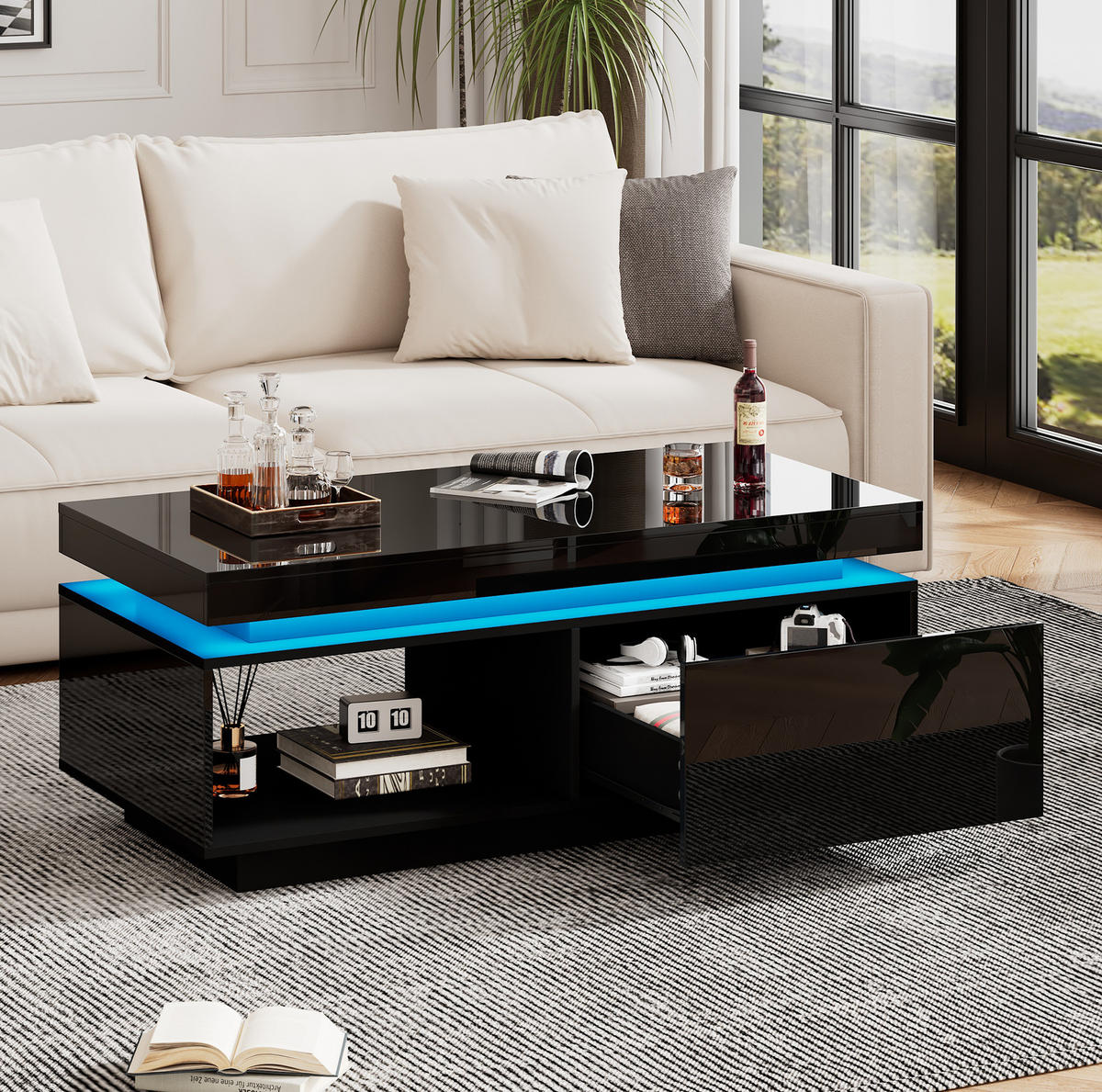 COUCHTISCH mit LED und Schublade 100 x 50 cm Hochglanz Schwarz - Schwarz, Holzwerkstoff (100/50/40cm) - Meubliv