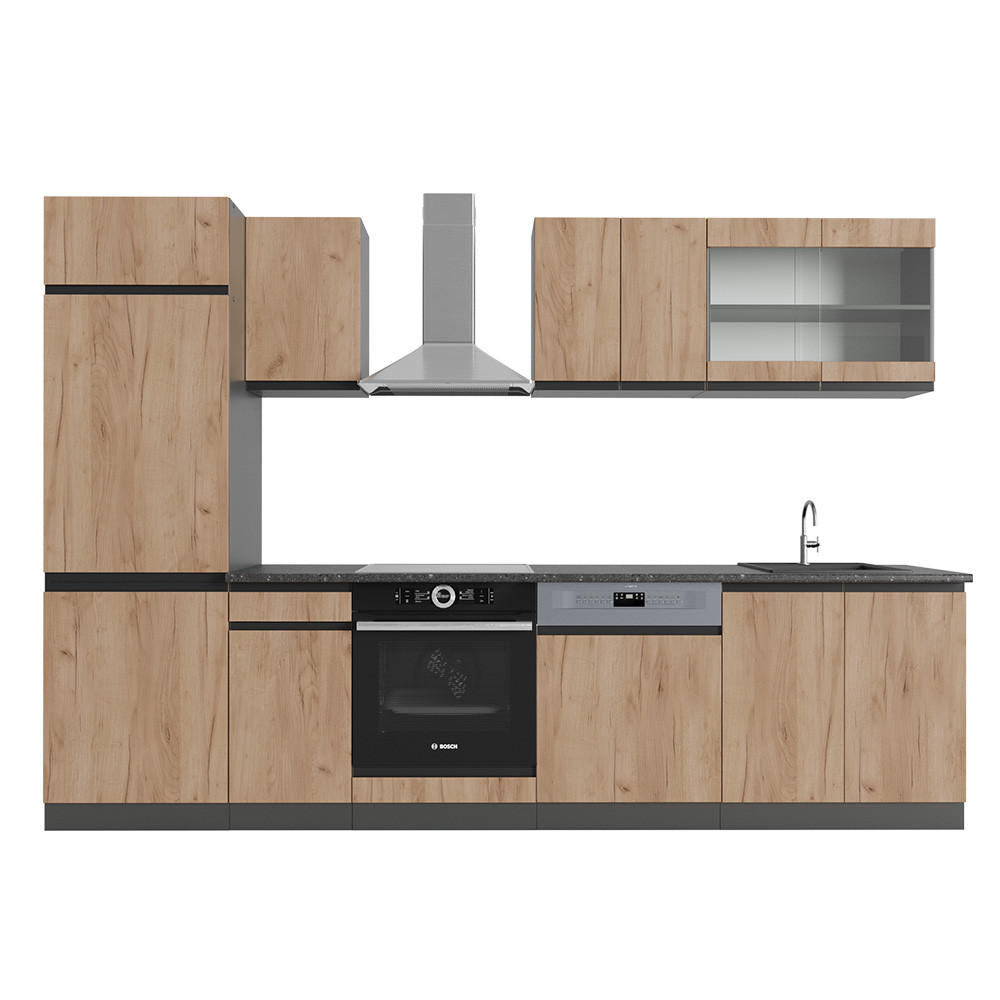 KÜCHENZEILE R-Line Goldkraft Eiche/Anthrazit 300 cm J-Shape - Honigeiche/Anthrazit, Holzwerkstoff (300/81.6/46cm) - Vicco