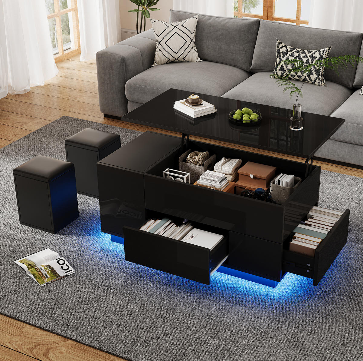 COUCHTISCH 100/50/45 cm höhenverstellbar mit LED-Beleuchtung und 2 Hockern, Schwarz - Schwarz, Holzwerkstoff (100/50/45cm) - Flora Grace