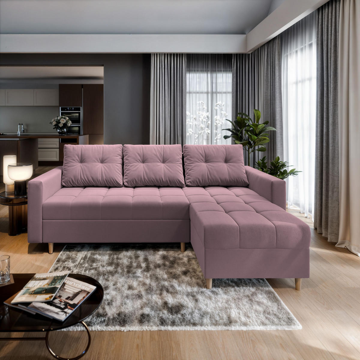 ECKSOFA MILO L Rosa Plüsch-Stoff mit Schlaffunktion - Rosa, Holz (220/140cm) - MASSENO