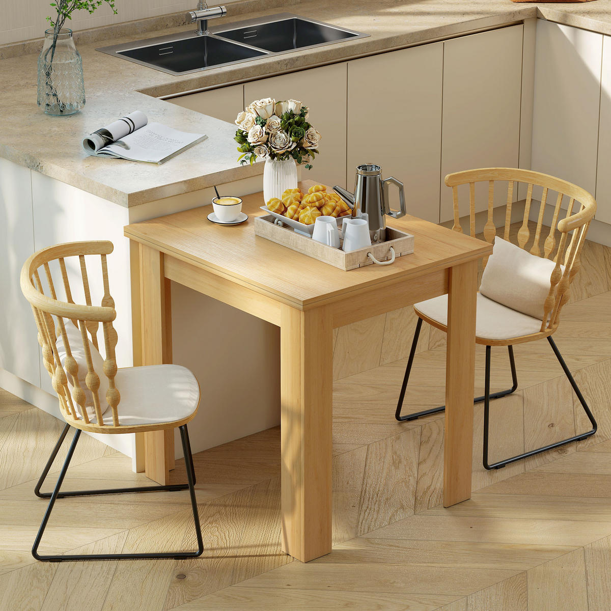 AUSZIEHBAR-ESSTISCH Spanplatte Stahl Naturholz - Naturfarben, Holzwerkstoff (140/80/77.5cm) - HOMCOM