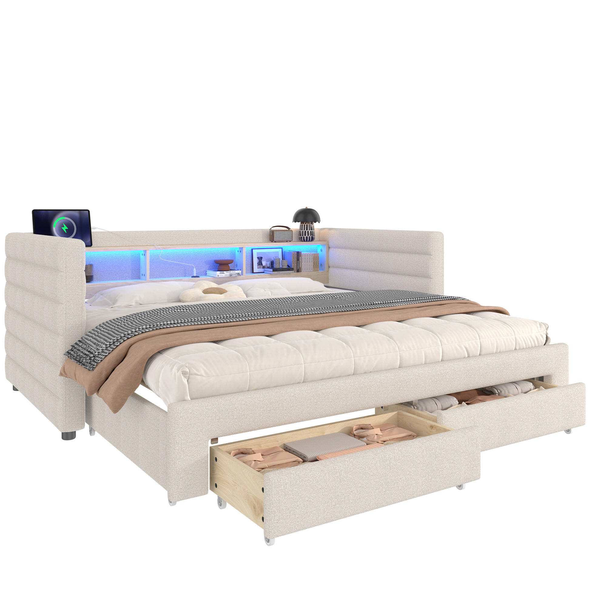 Modfu ČALOUNĚNÁ postel z sametu 90x190 cm béžová s LED osvětlením, USB-C porty, výsuvnou funkcí a úložným prostorem