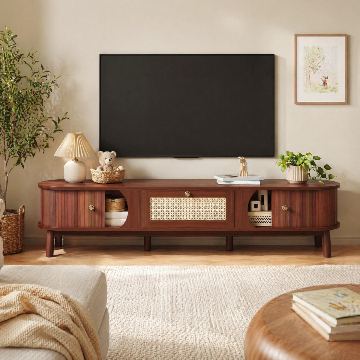 TV STOLEK přírodní, ratanové zásuvky, do obývacího pokoje, 170×39,5×38 cm - přírodní, kompozitní dřevo (170/38/39.5cm) - STILVORA