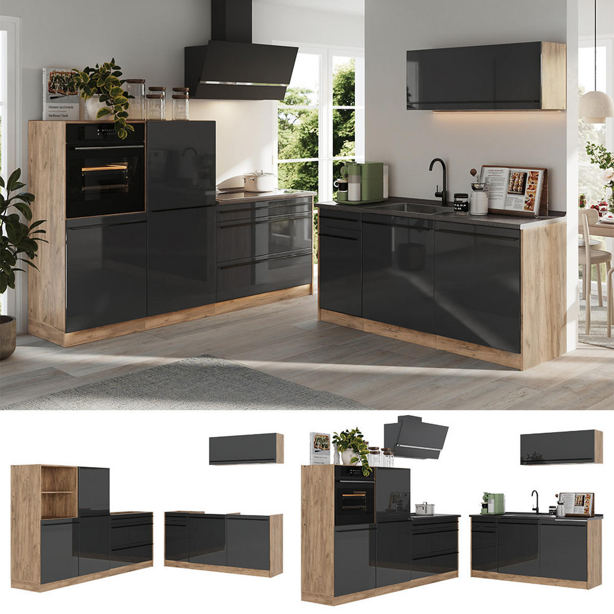 KÜCHENZEILE R-Line, Anthrazit Hochglanz/Goldkraft Eiche, 220 cm ohne Arbeitsplatte - Honigeiche/Schwarz Hochglanz, Holzwerkstoff (220/143/46cm) - Vicco