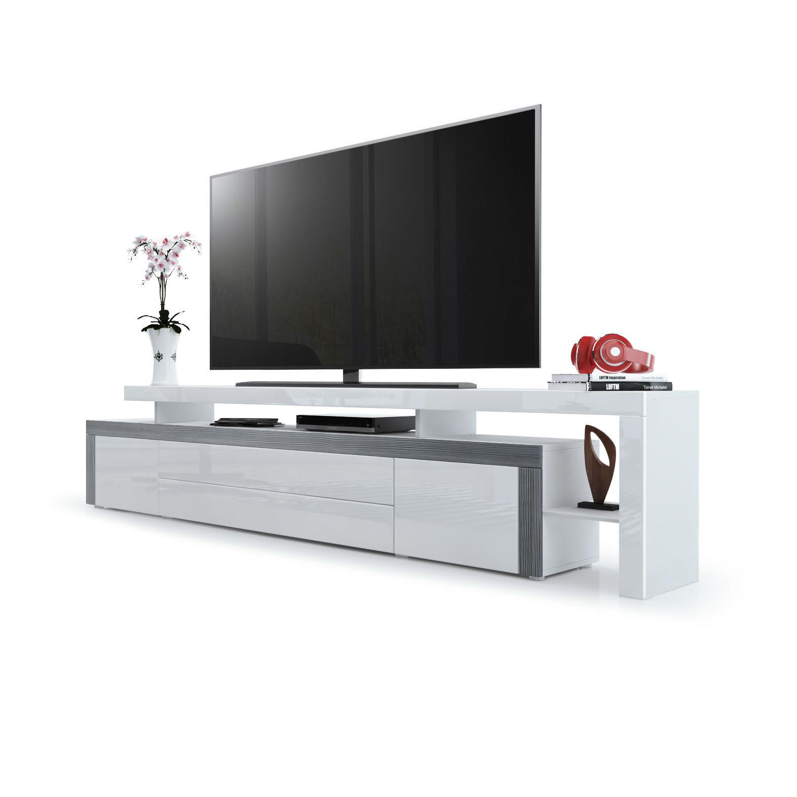 LOWBOARD Leon Weiß Hochglanz / Avola-Anthrazit - Weiß Hochglanz/Anthrazit, Holzwerkstoff (227/52/35cm) - Vladon