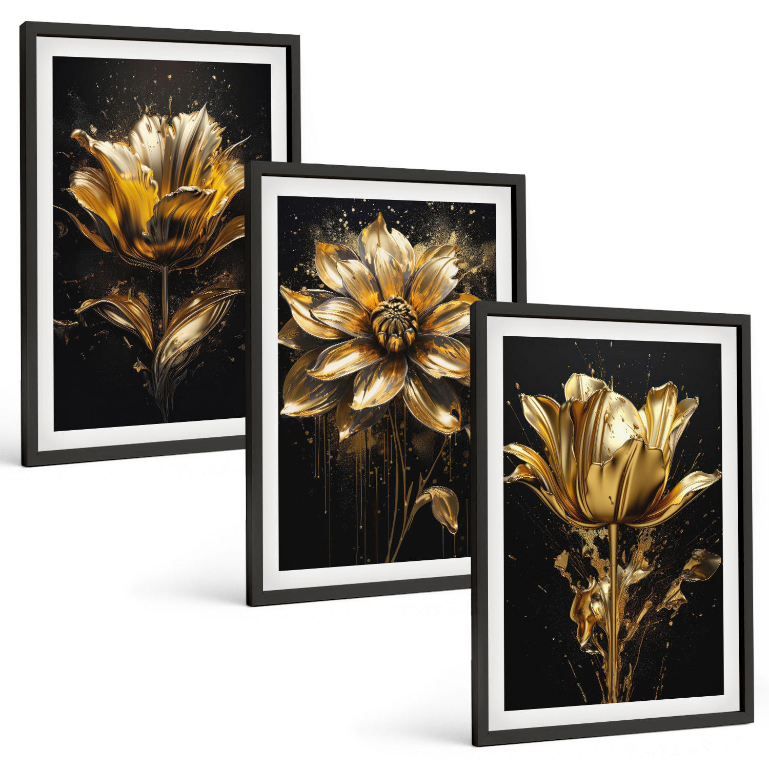 BILDER SET 3er Set - 40x60 cm Schwarzer Rahmen - Gelbe Blüten auf dunklem Hintergrund - Schwarz, Kunststoff (40/60cm) - TULUP